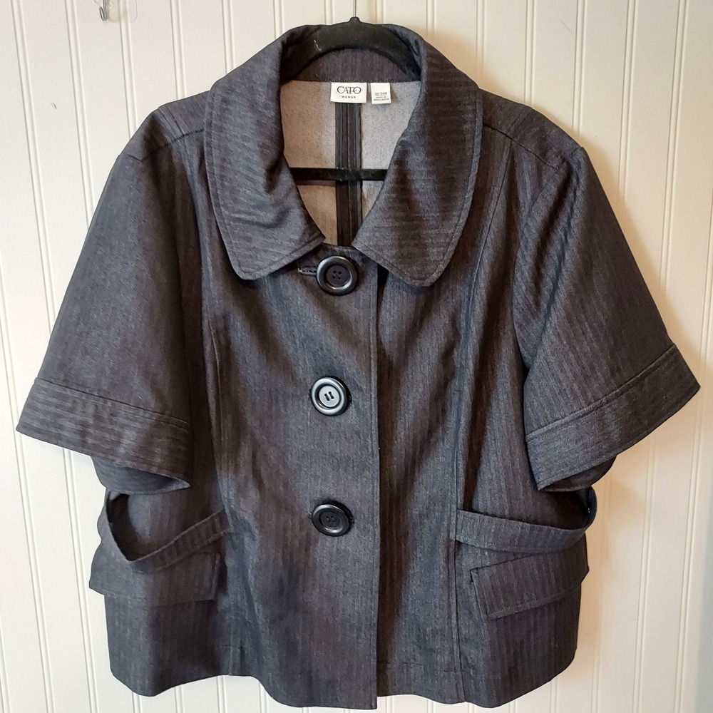 Cato Woman Cropped Jacket Women 22/24W Dark Gray Herringbone Short Sleeve Button